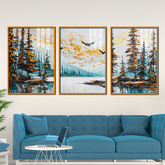 Abstract Mountain Lake Landscape with Pine Trees and Soaring Birds-3-Piece Framed Canvas Acrylic Wall Art